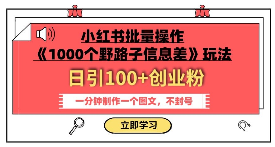 小红书批量操作《1000个野路子信息差》玩法，一分钟制作一个图文，不封号，日引100+创业粉_海蓝资源库