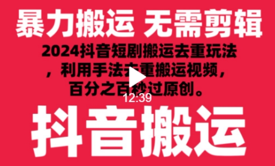 2024最新抖音搬运技术，抖音短剧视频去重，手法搬运，利用工具去重，达到秒过原创的效果【揭秘】_海蓝资源库