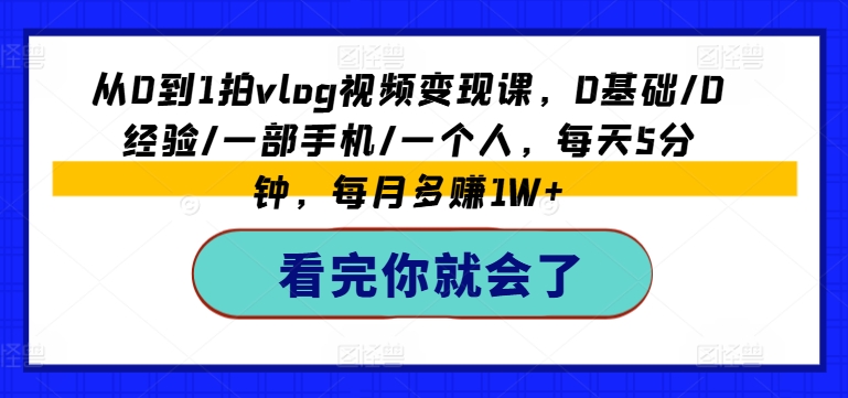 从0到1拍vlog视频变现课，0基础/0经验/一部手机/一个人，每天5分钟，每月多赚1W+_海蓝资源库