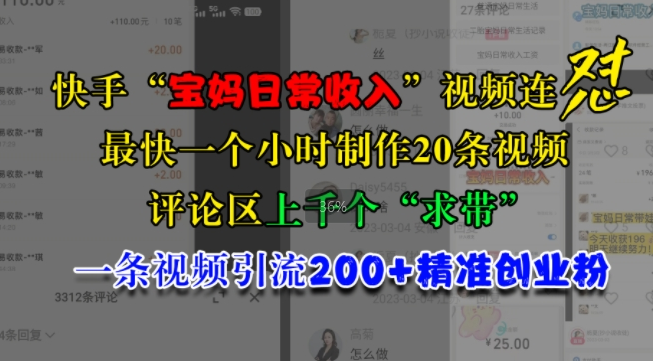 快手“宝妈日常收入”视频连怼，一个小时制作20条视频，评论区上千个“求带”，一条视频引流200+精准创业粉_海蓝资源库