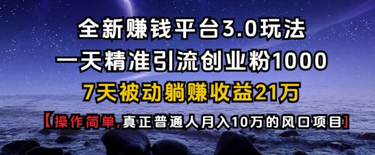 全新赚钱平台3.0玩法一天精准引流创业粉1000.7天被动躺Z收益21W【仅揭秘】——生财有道创业项目网_海蓝资源库