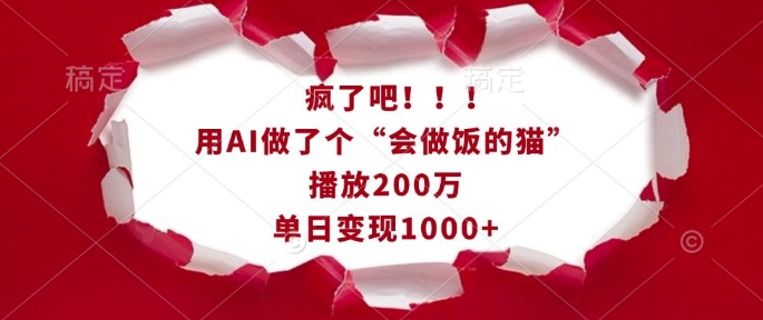 疯了吧！用AI做了个“会做饭的猫”，播放200万，单日变现1k——生财有道创业项目网_海蓝资源库