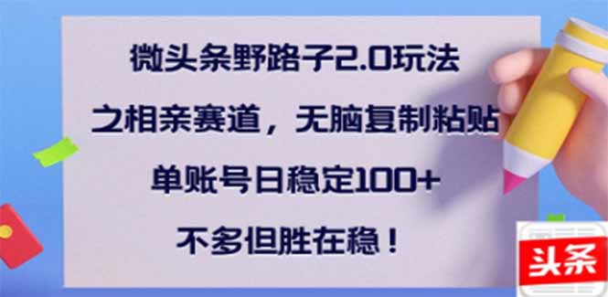 （14334期）微头条野路子2.0玩法之相亲赛道，无脑搬砖复制粘贴，单账号日稳定300+…_海蓝资源创业项目网-海蓝资源_海蓝资源库